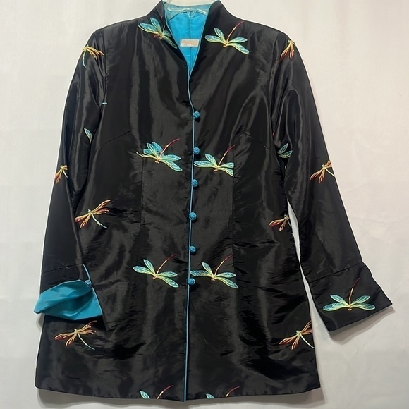 LA CERA ASIAN STYLE JACKET SATIN, DRAGON FLY EMBROIDERED BLACK, SIZE M - Picture 3 of 11